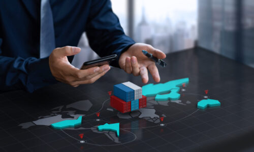 Businessman show export container on digital world map screen Supply Chain
